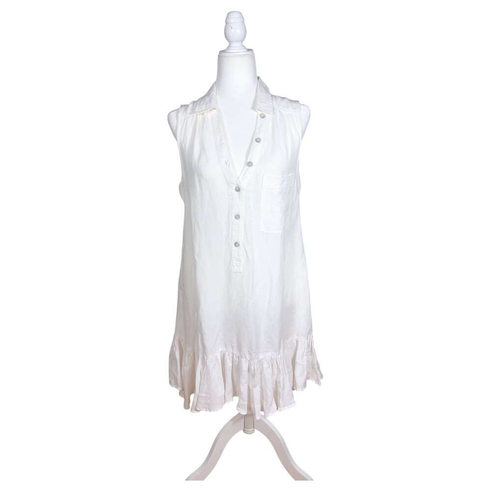 Elan White Sleeveless Collared Button Front Ruffle Hem Mini Shirt Dress Tunic S